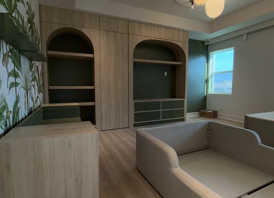 Built-in custom shelving in a living room nook