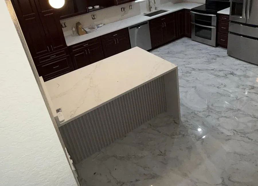 Kitchen with newly laid tile flooring